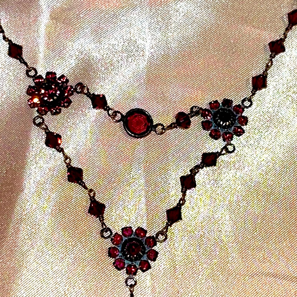 Necklace Purple Swarovski Crystal Flowers Sterling Silver Oxidized Vintage